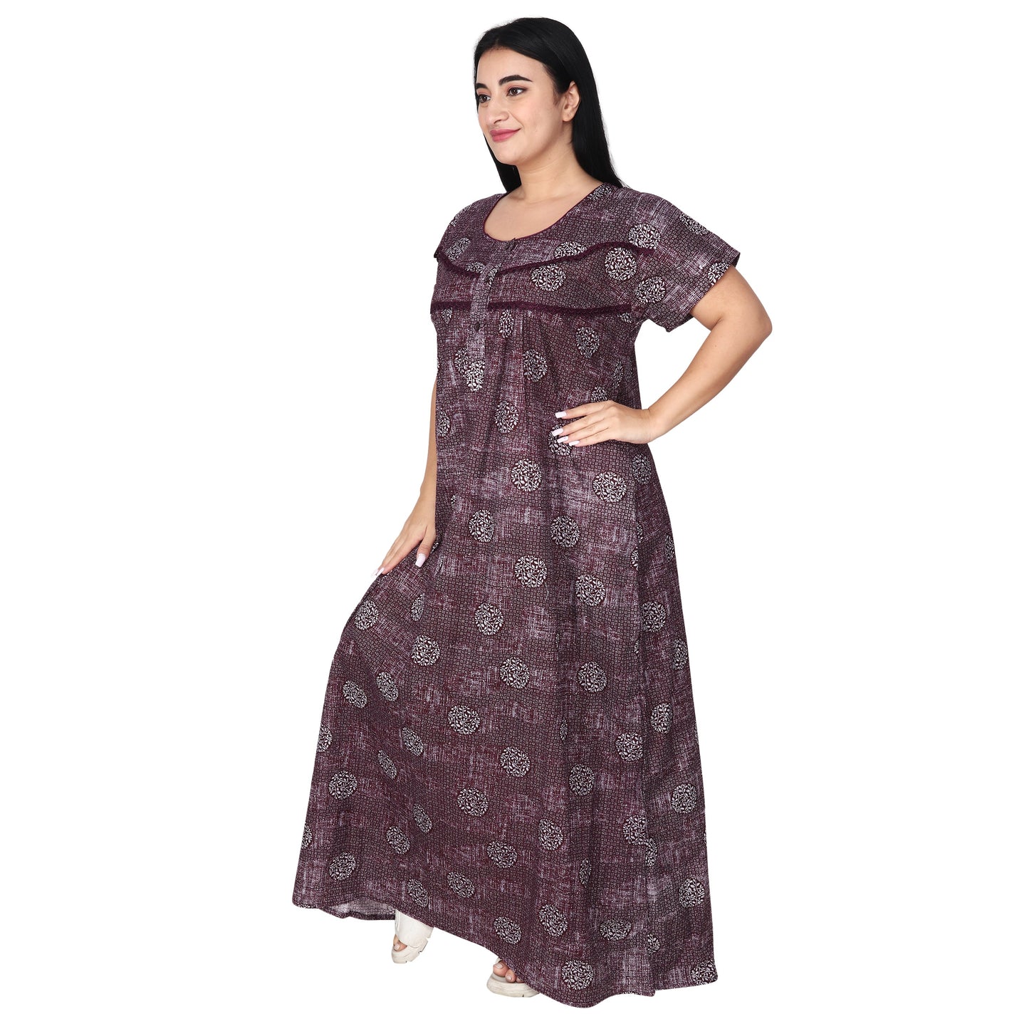 Printed Cotton Nighty For Women - Pink