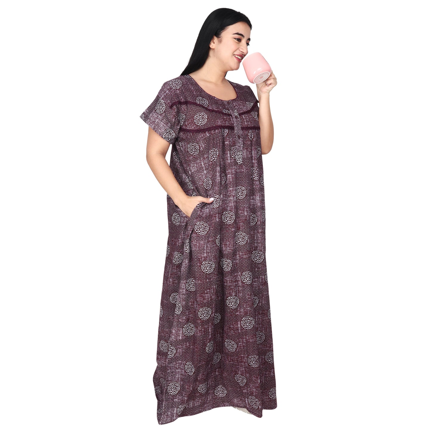 Printed Cotton Nighty For Women - Pink