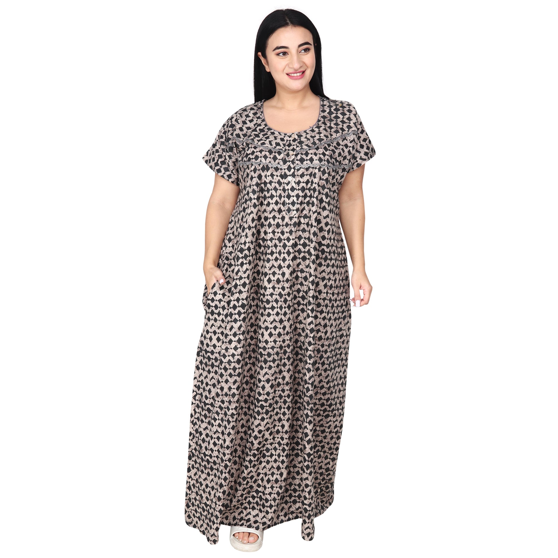 Printed Cotton Nighty For Women - Grey