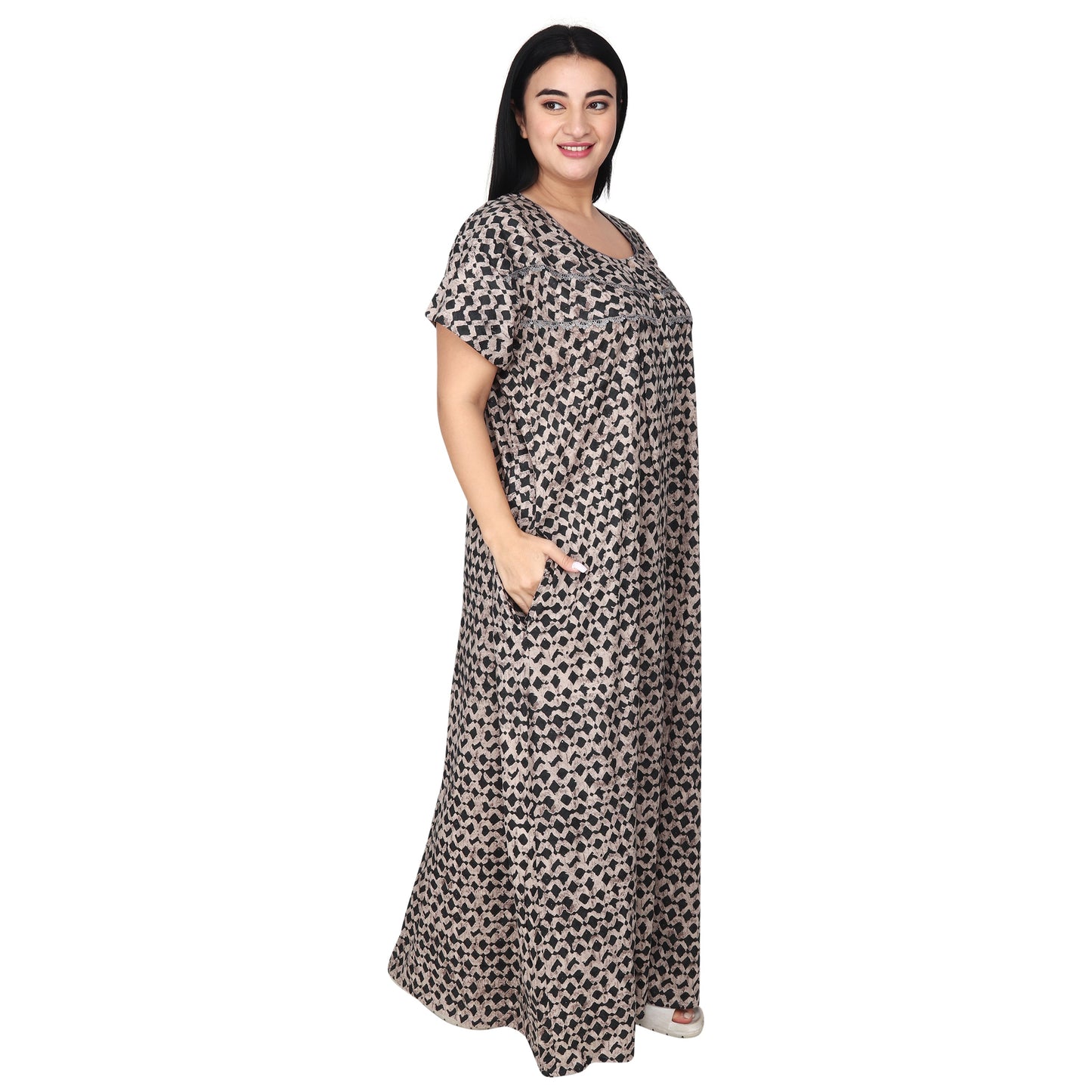 Printed Cotton Nighty For Women - Grey