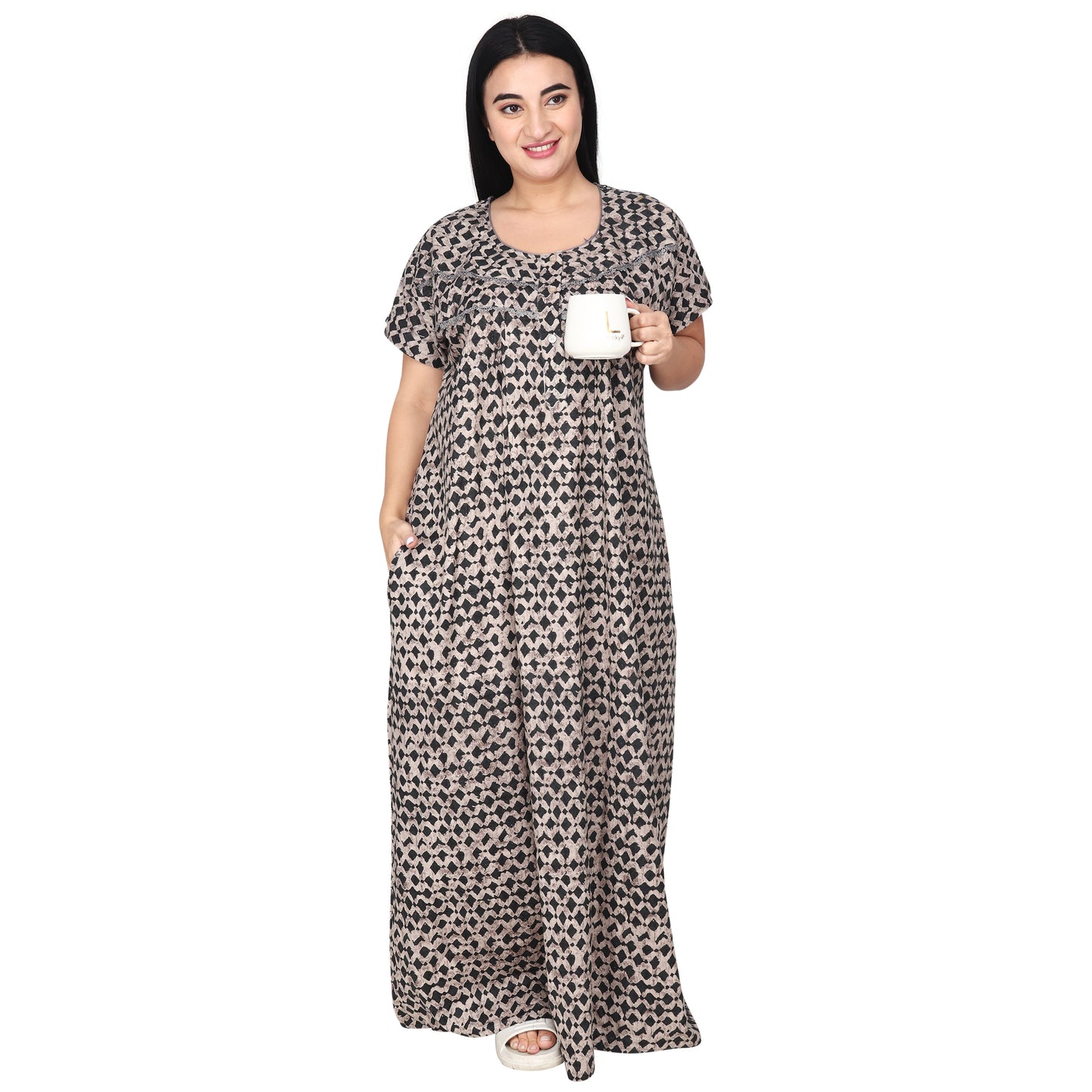 Printed Cotton Nighty For Women - Grey