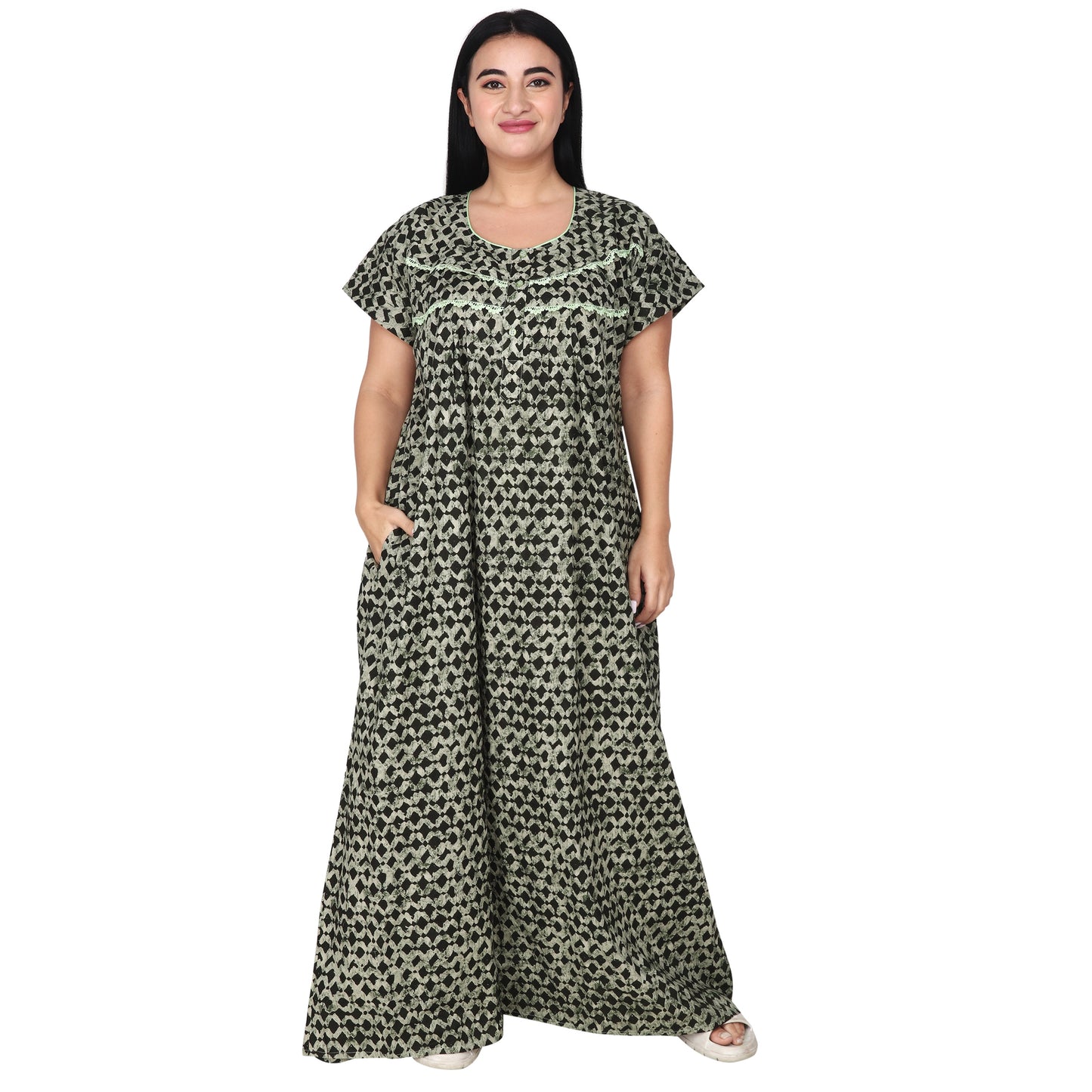 Printed Cotton Nighty For Women - Green