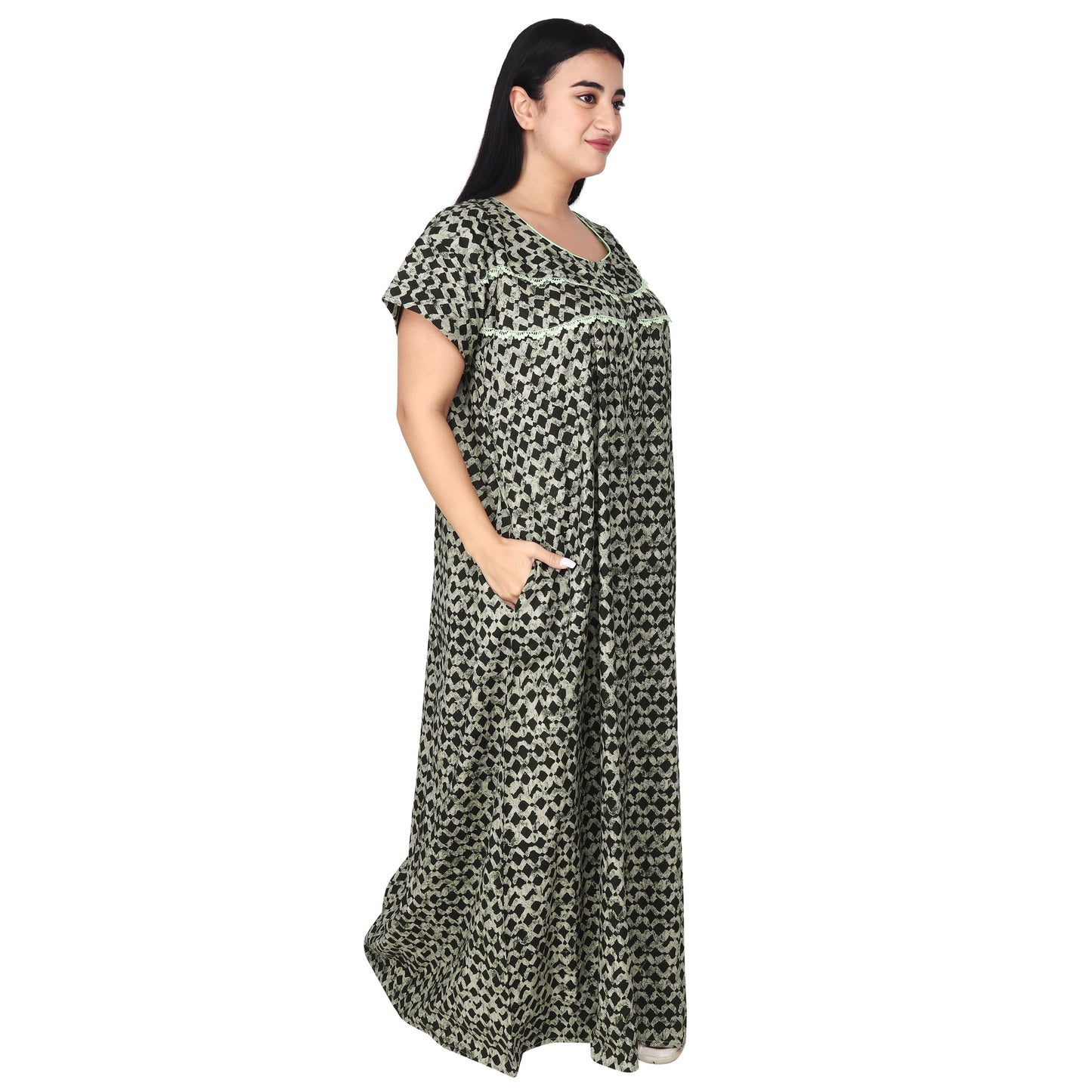 Printed Cotton Nighty For Women - Green