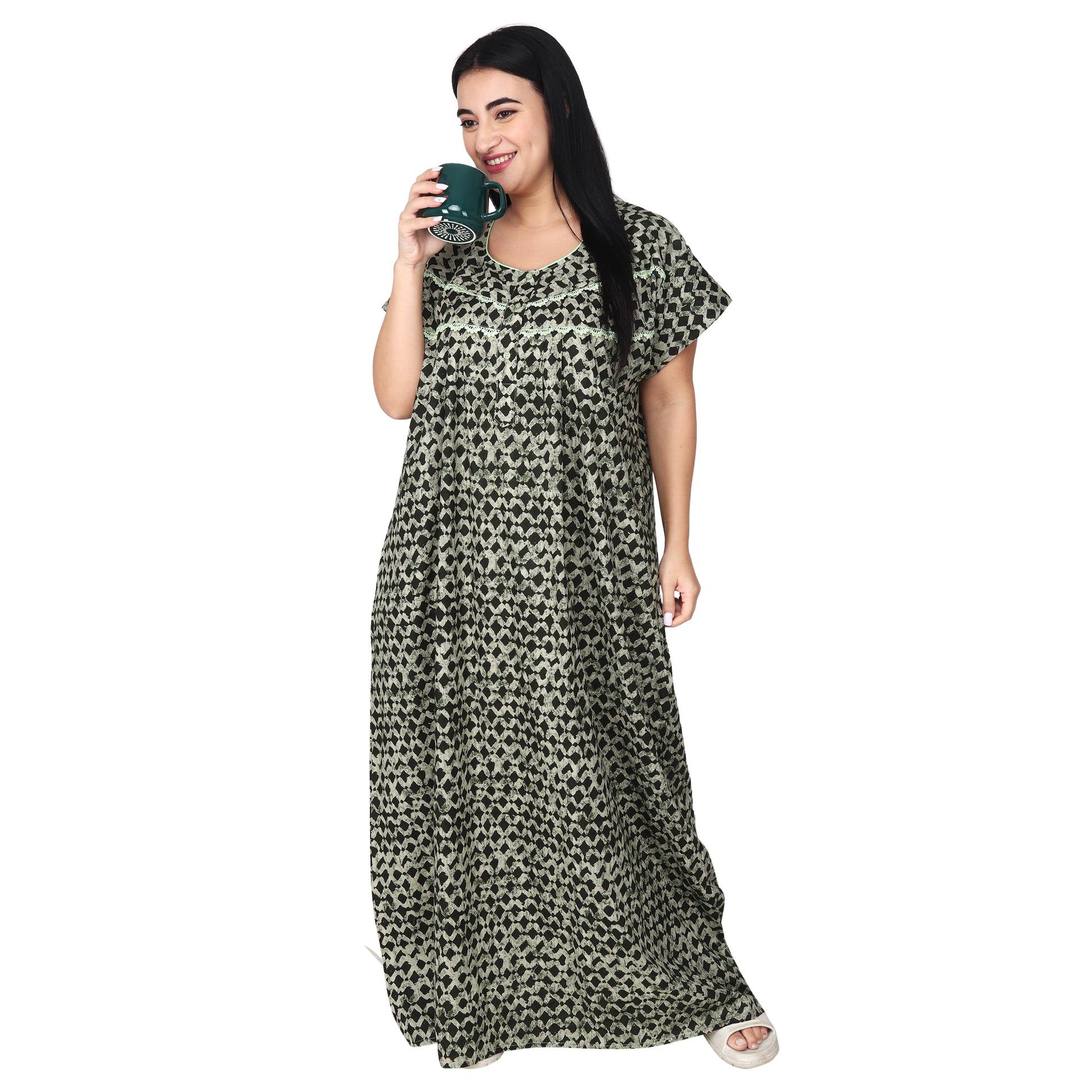 Printed Cotton Nighty For Women - Green