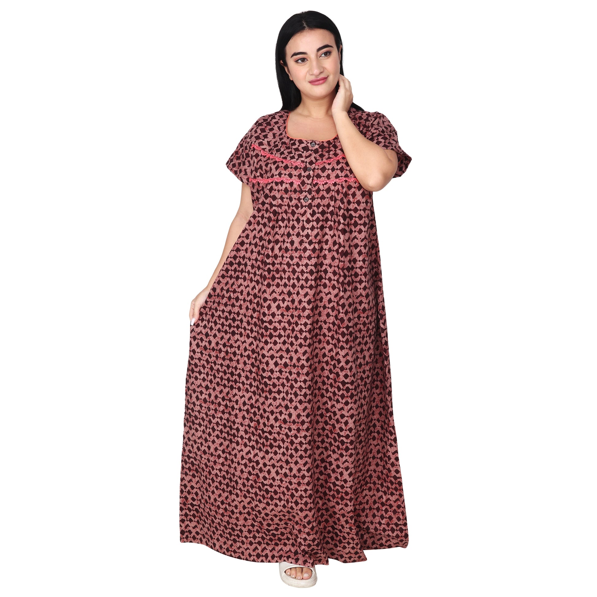 Printed Cotton Nighty For Women - Pink