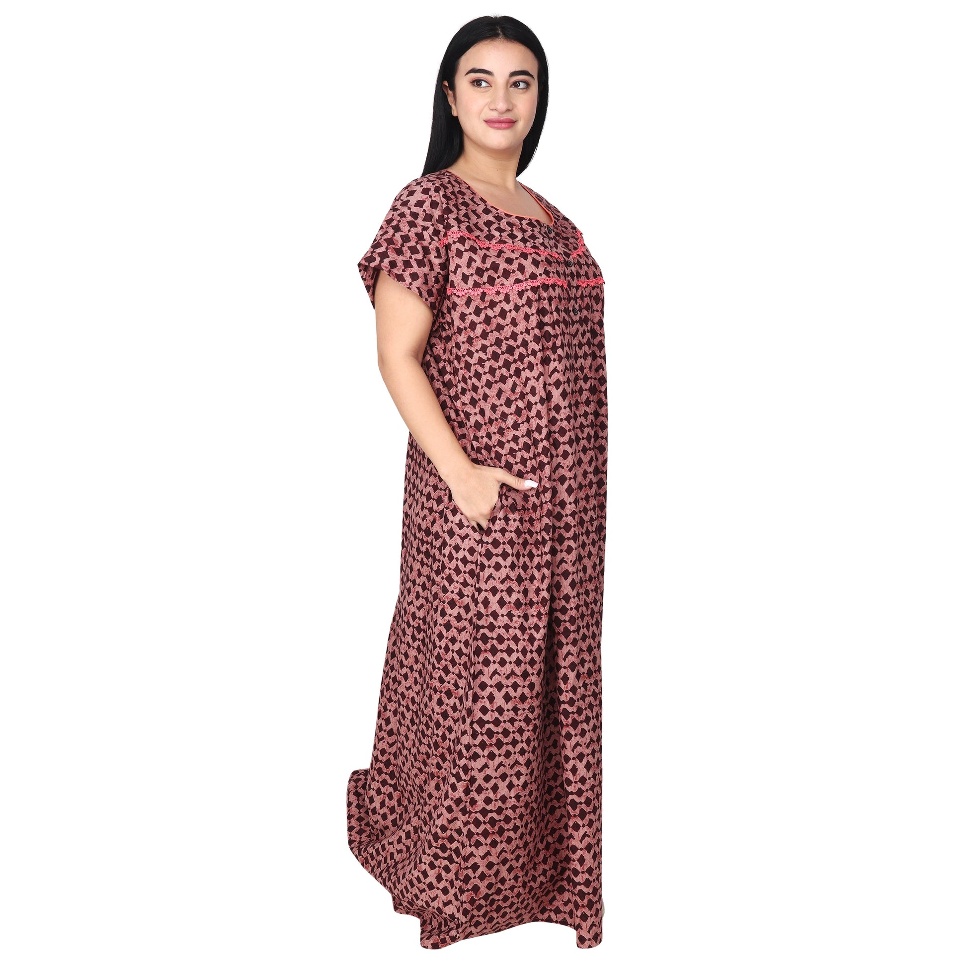 Printed Cotton Nighty For Women - Pink