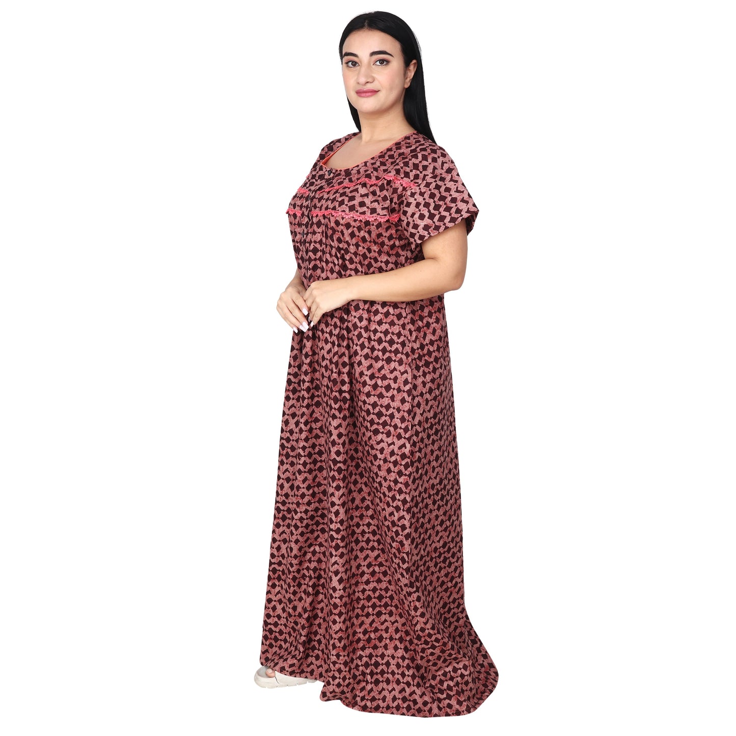 Printed Cotton Nighty For Women - Pink