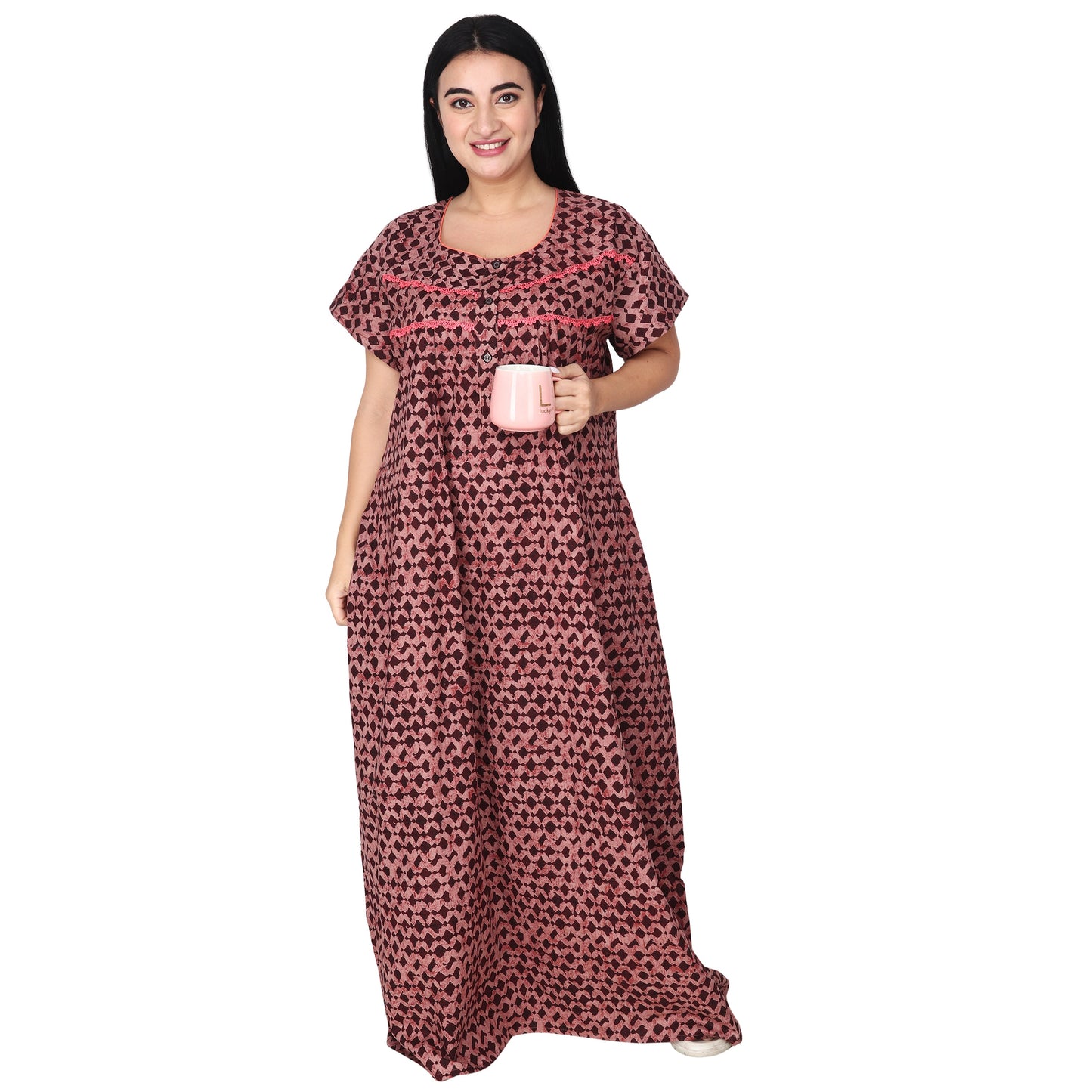 Printed Cotton Nighty For Women - Pink