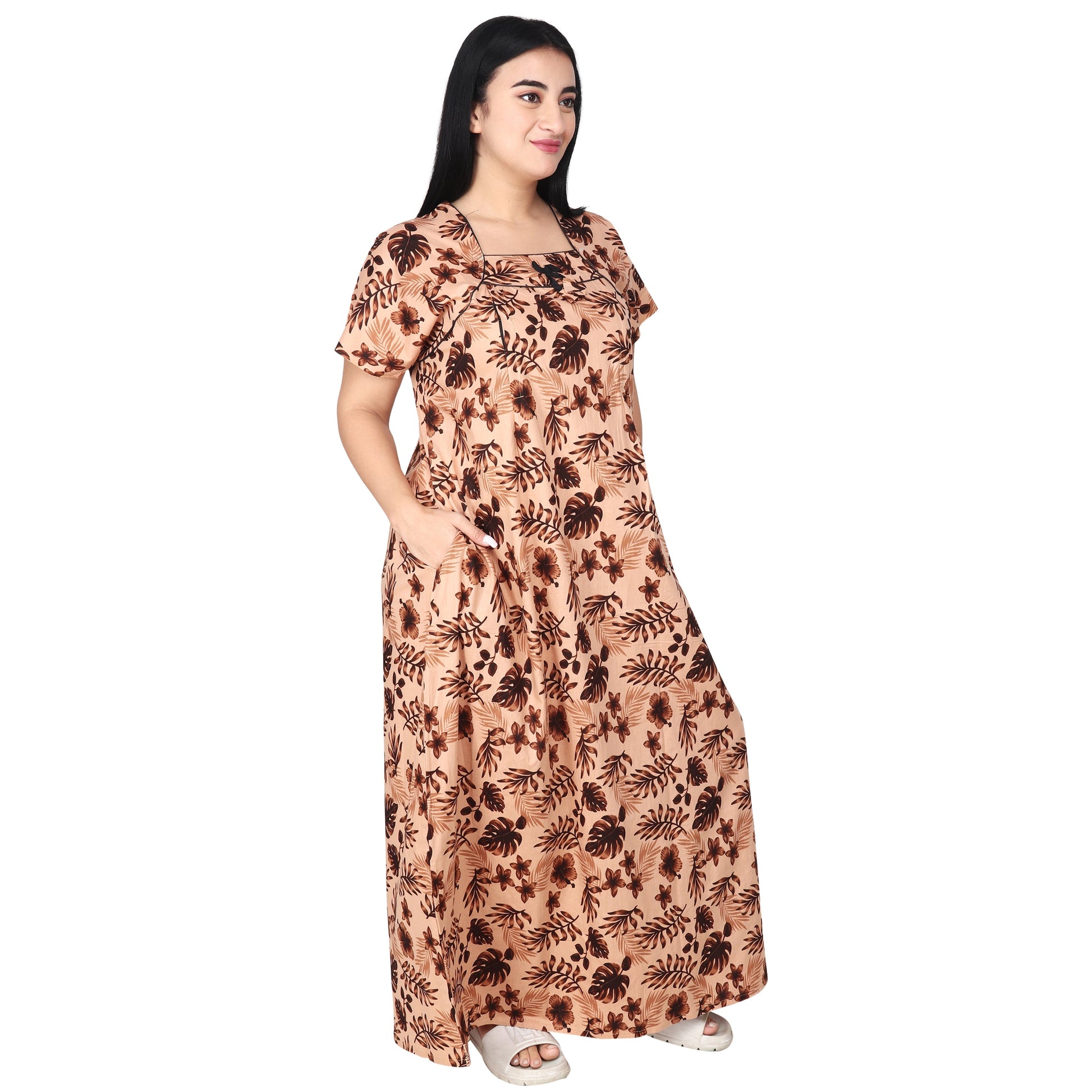 Printed Cotton Mother Nighty For Women - Brown