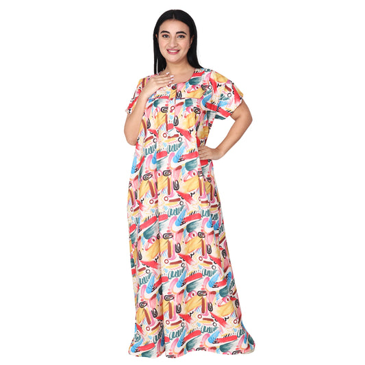 Printed Cotton Nighty For Women - Multi Colour