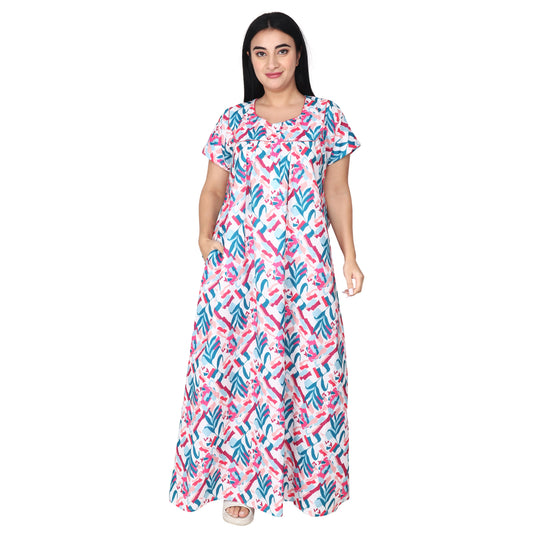 Printed Cotton Nighty For Women - Multi Colour