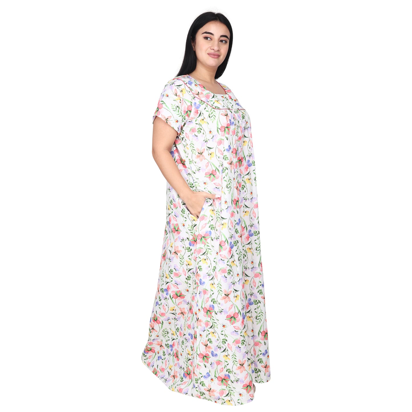 Printed Cotton Nighty For Women - White