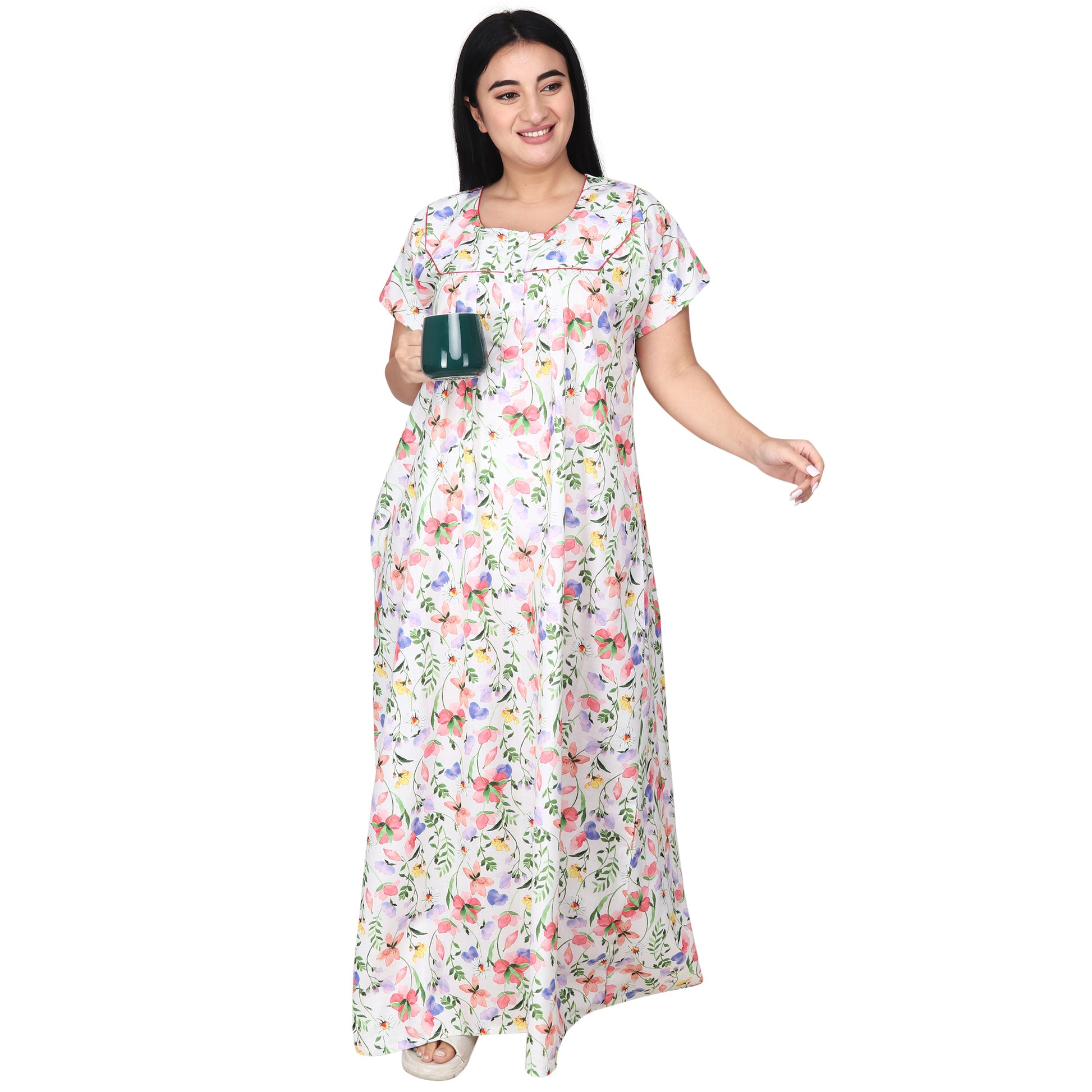 Printed Cotton Nighty For Women - White