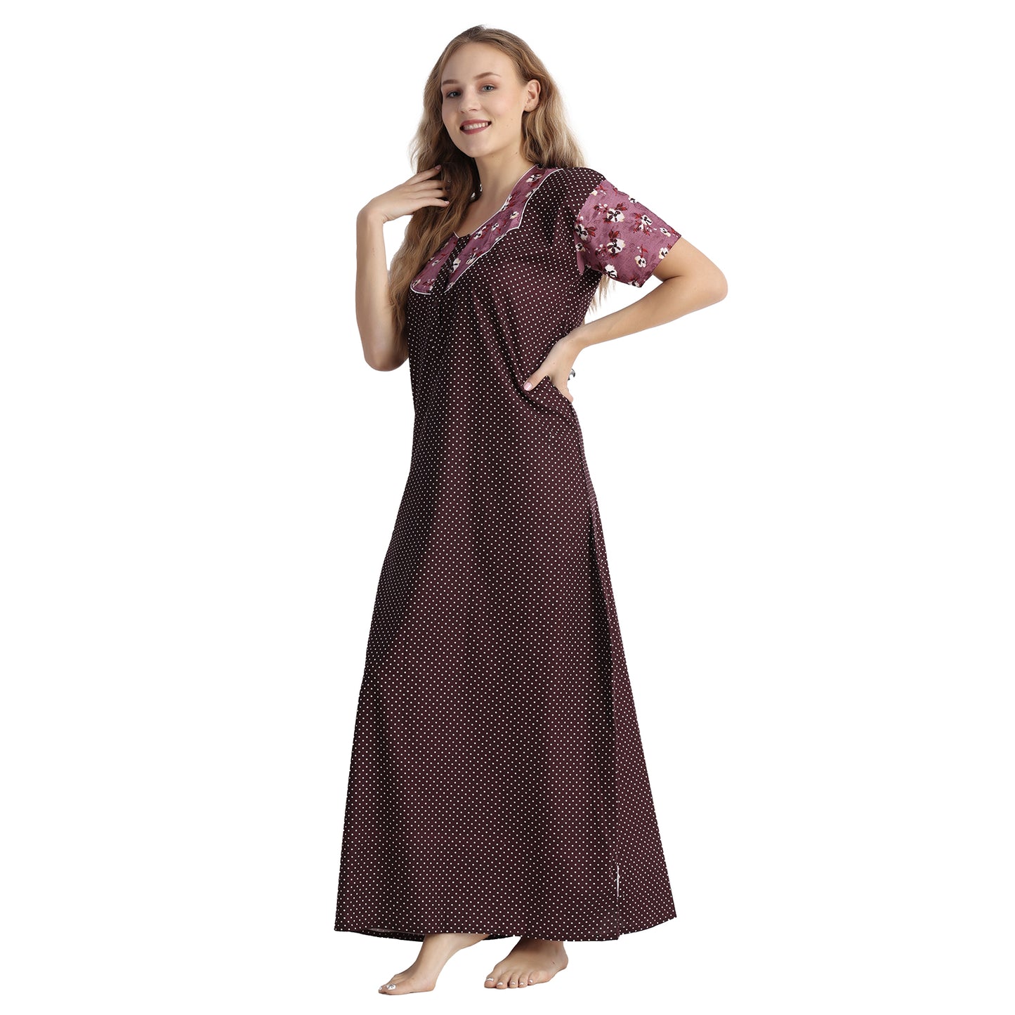 Printed Cotton Nighty For Women - Purple