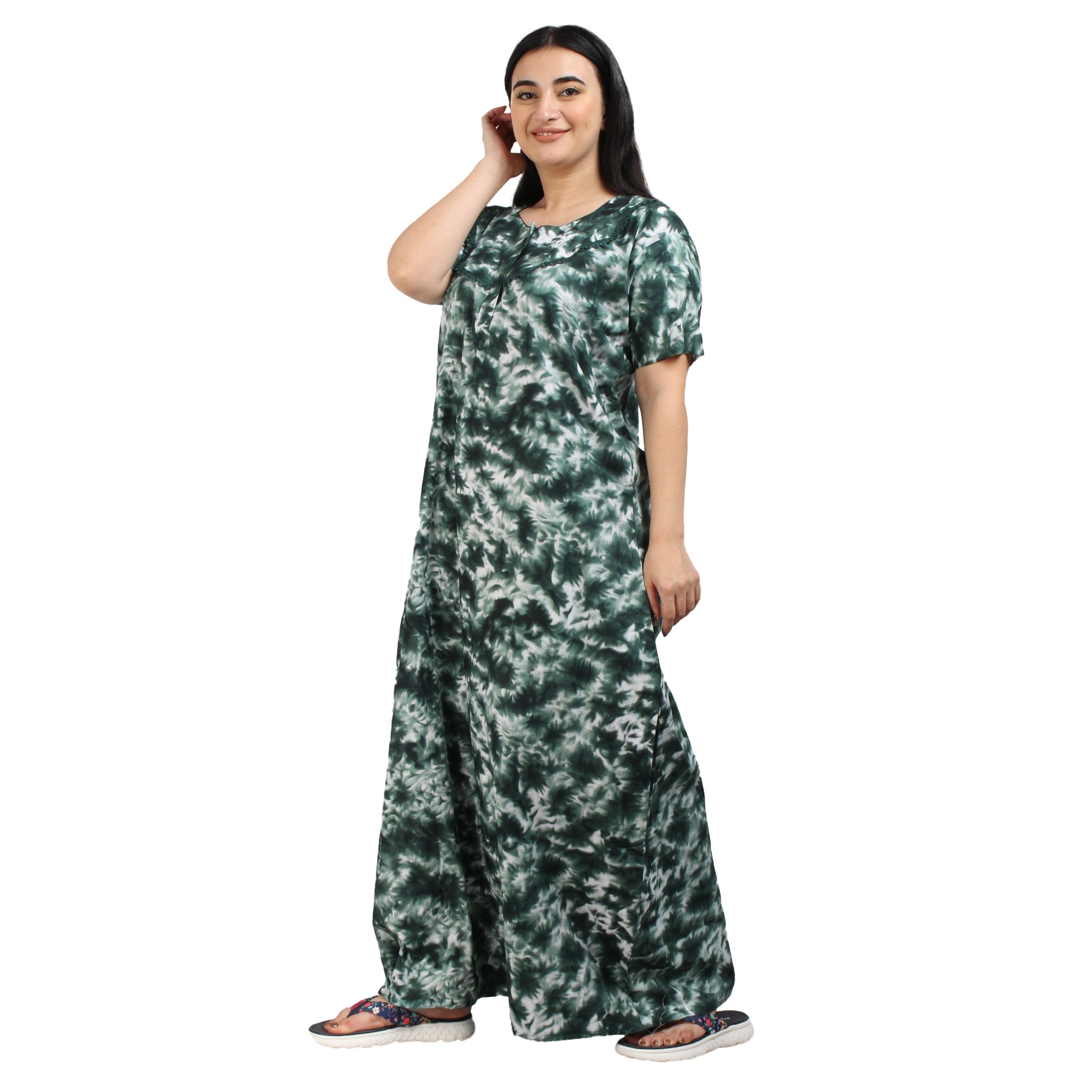 Printed Cotton Nighty For Women - Green