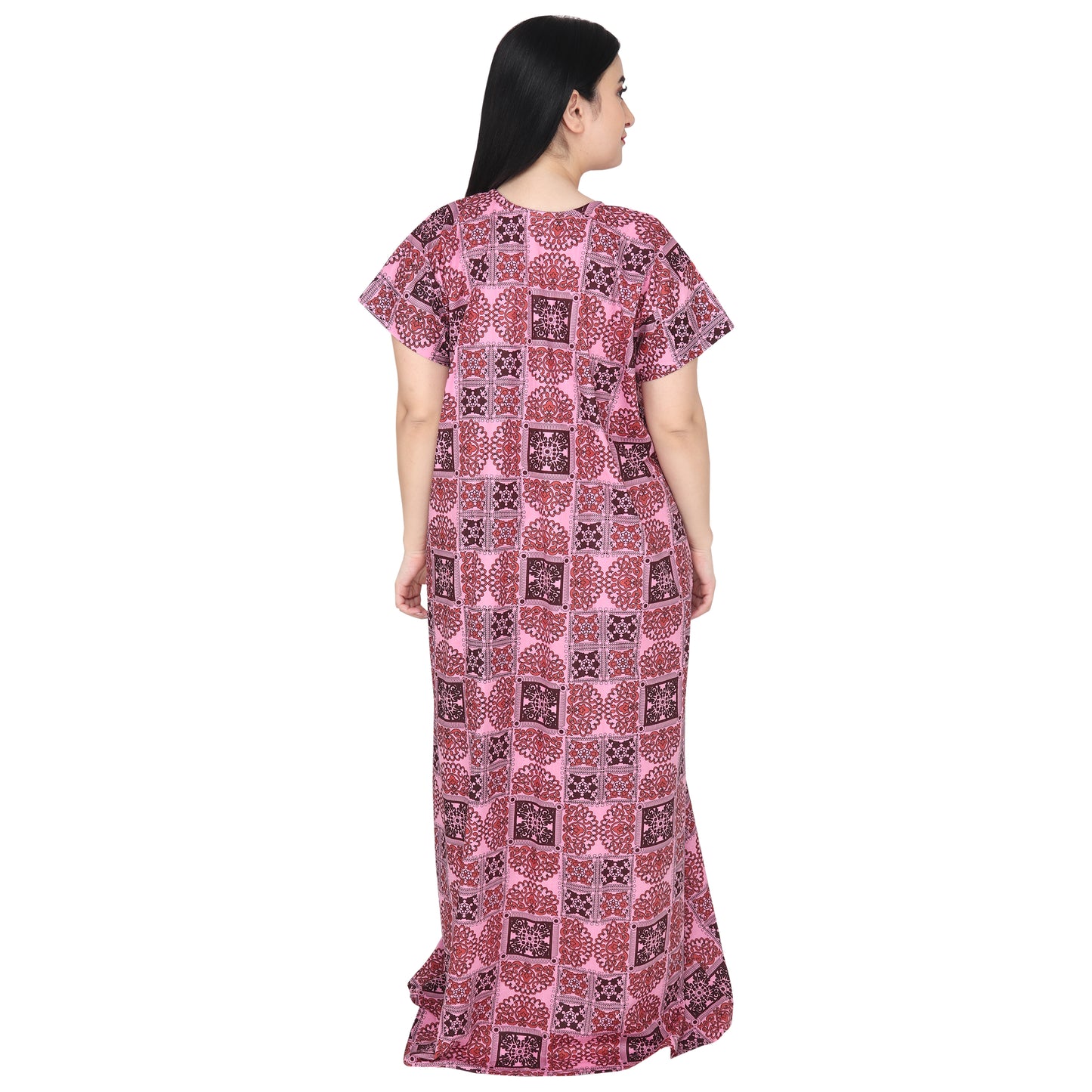 Printed Cotton Nighty For Women - Pink