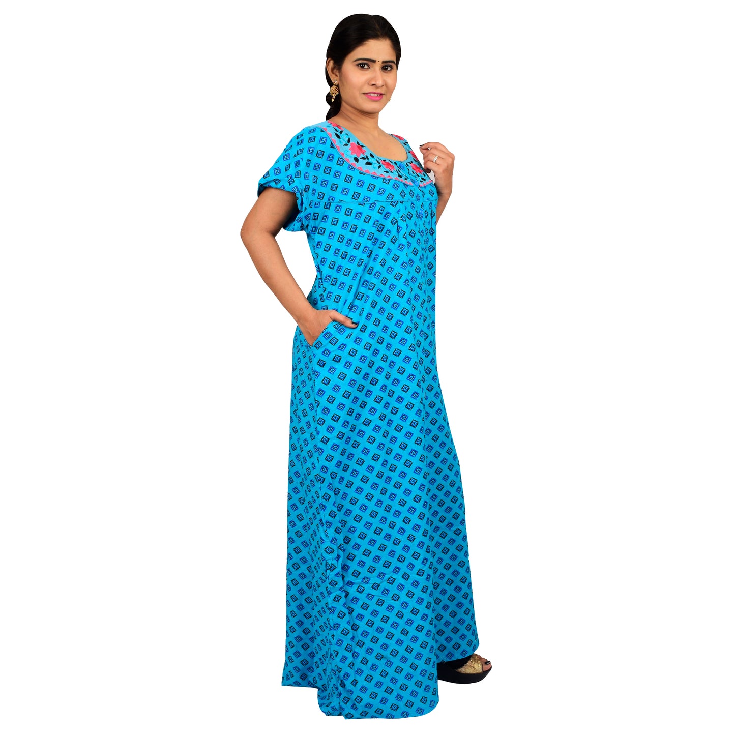 Embroidery Printed Cotton Nighty For Women - Blue