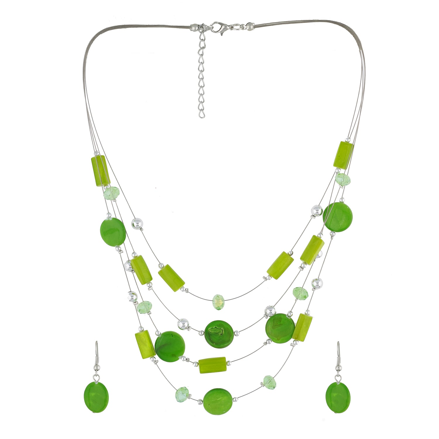 Green Colour Button Necklace and Earrings for Girls and Women