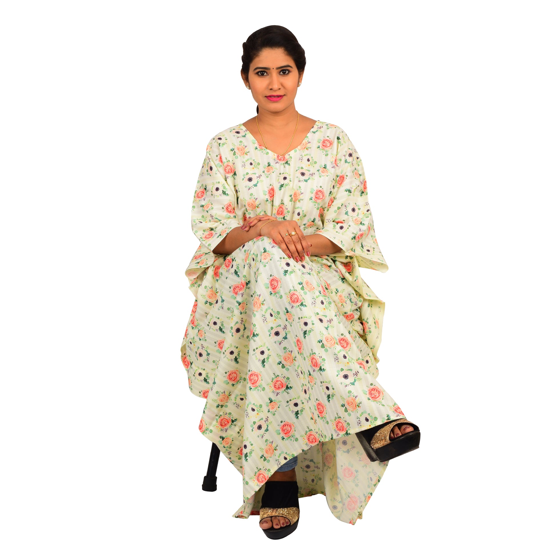 Digital Printed Cotton Blend Kaftan For Women - Multi Colour