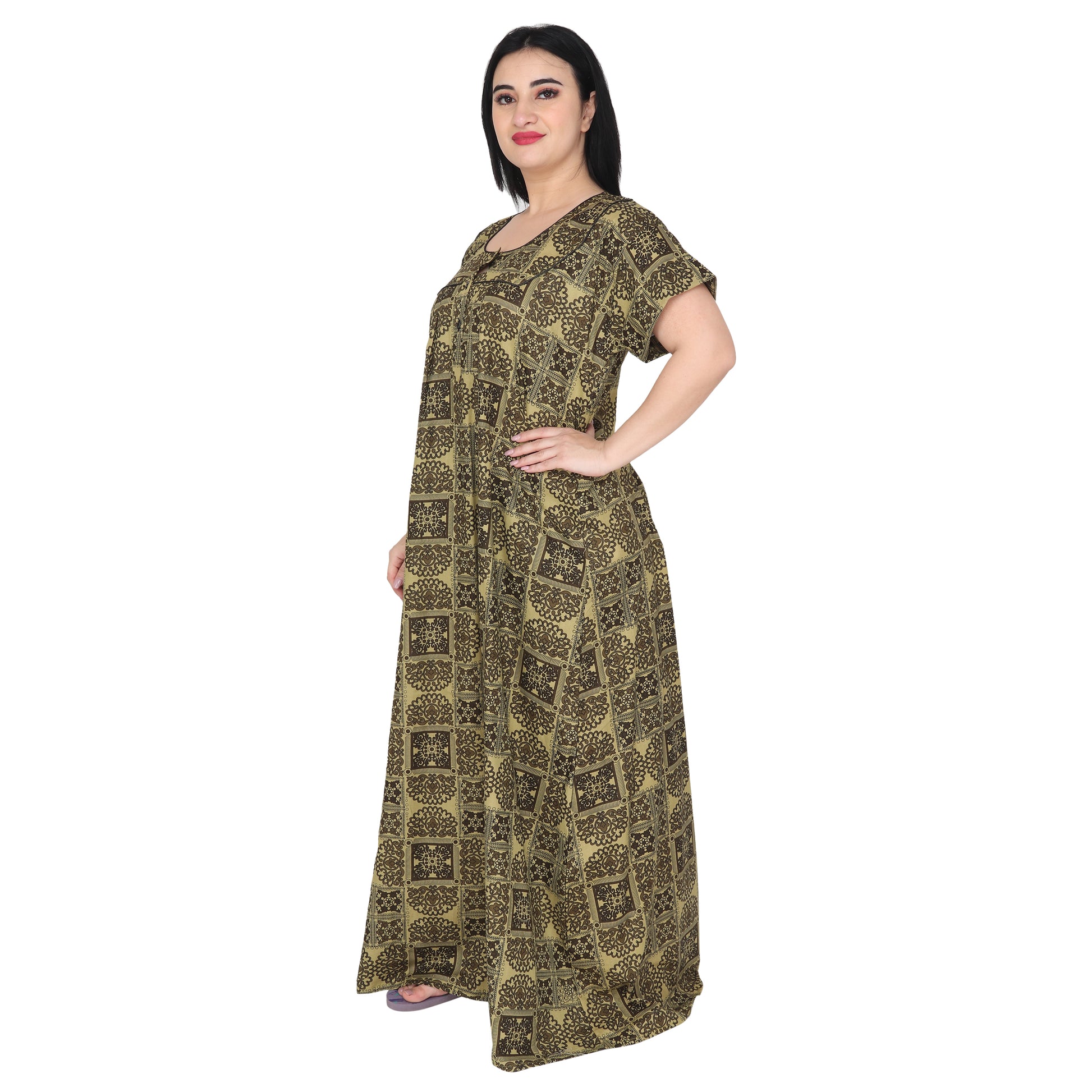 Printed Cotton Nighty For Women - Light Green