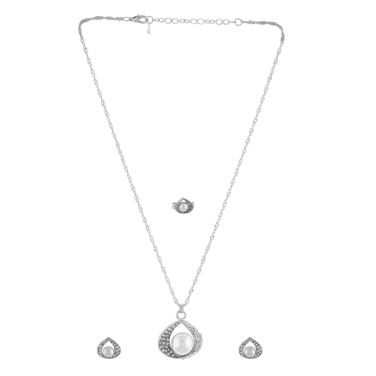 Silver Matinee  Pendant Set  With Hangings & Ring For Girls and Women