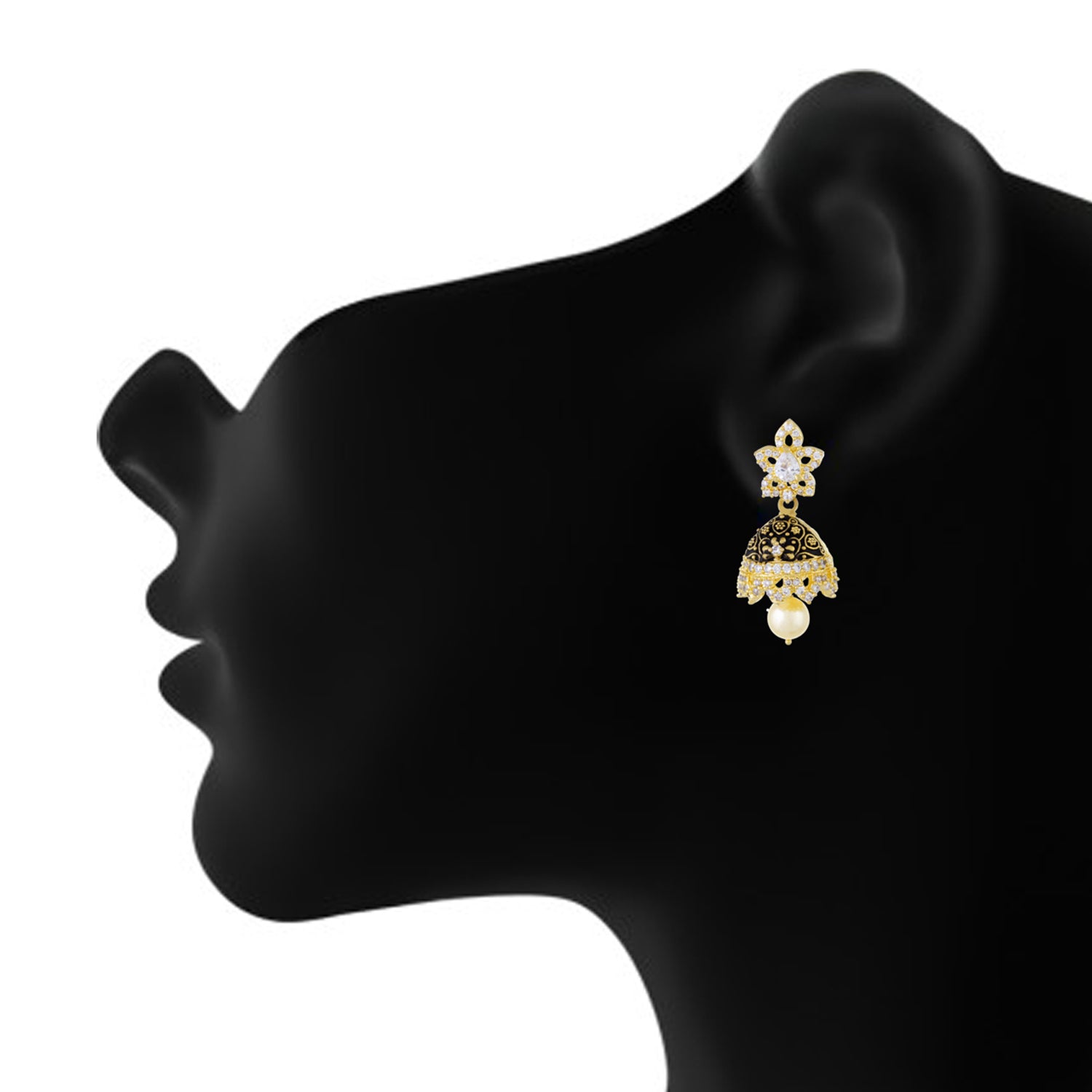 Stylish Black Antique Gold Plated CZ Copper Jhumki with Pearl Hanging for Ladies and Girls