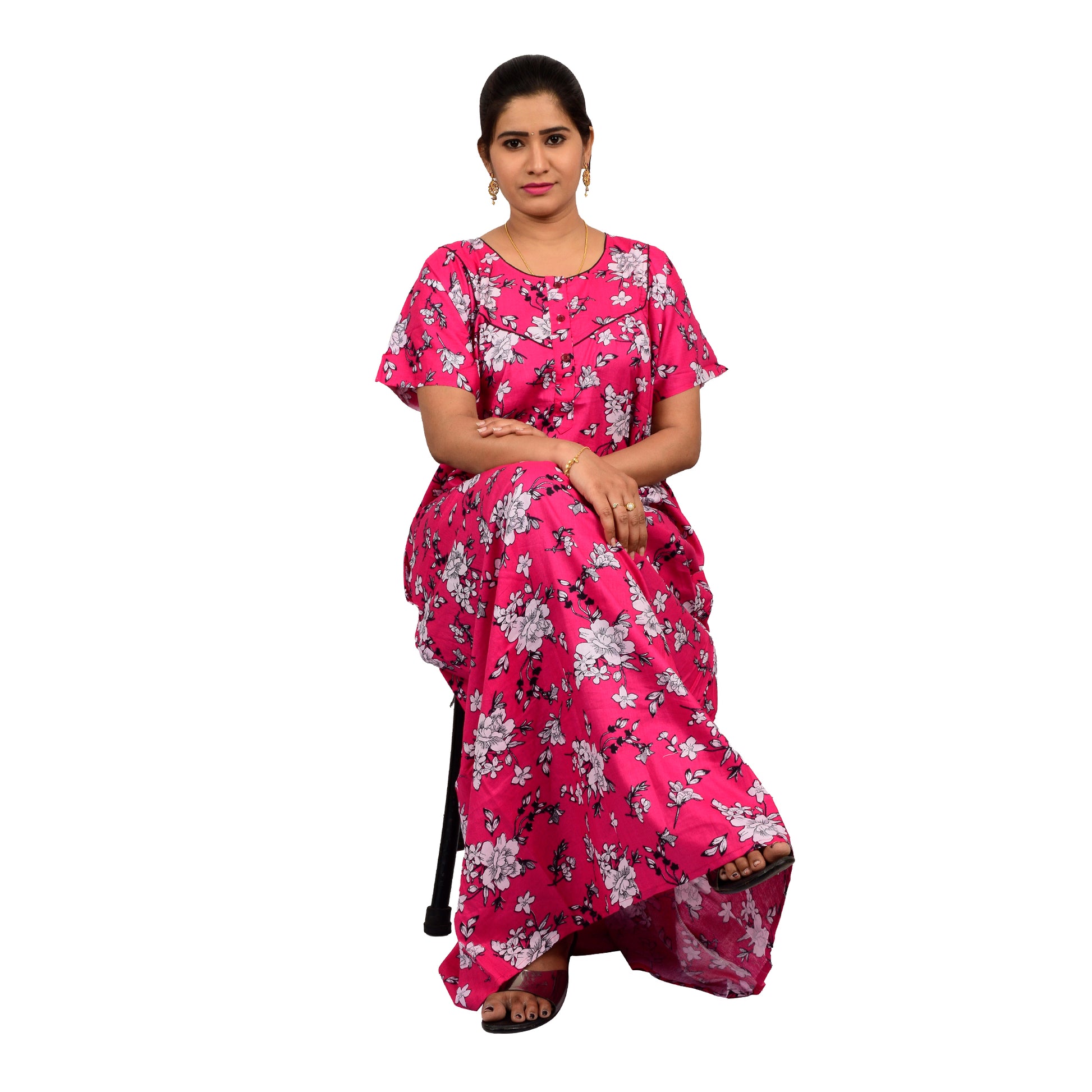 Printed Cotton Nighty For Women - Pink