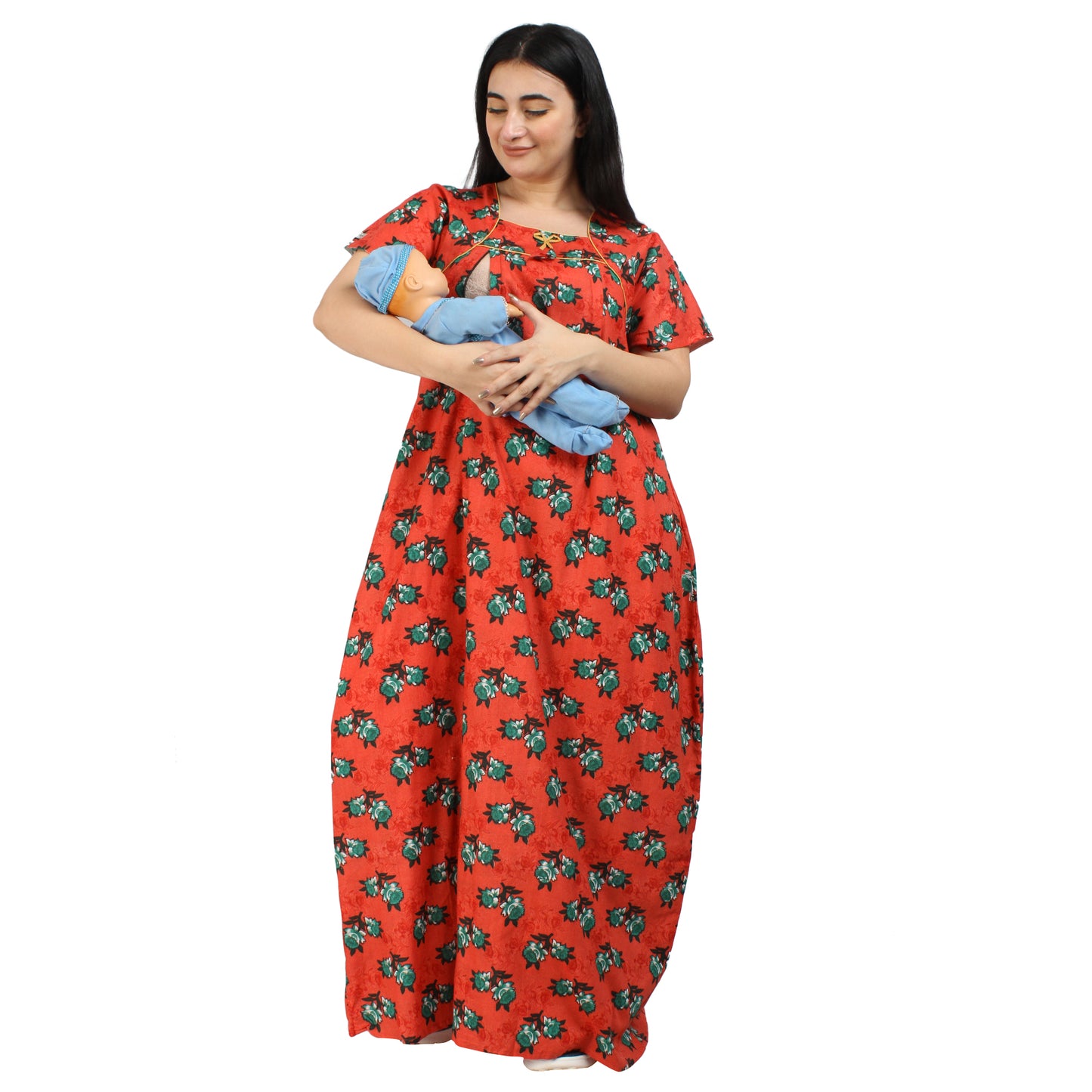 Printed Cotton Mother Nighty For Women - Red