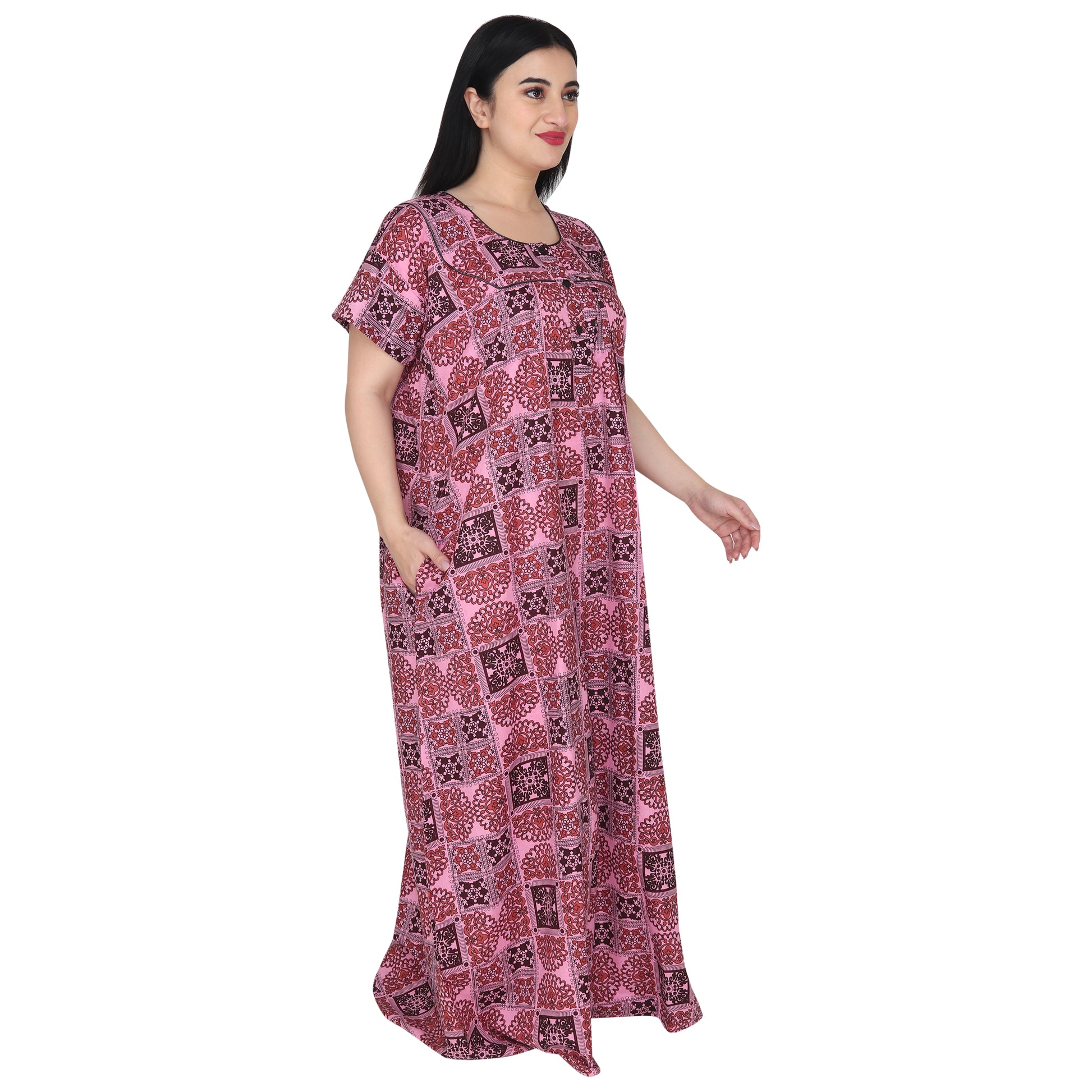 Printed Cotton Nighty For Women - Pink