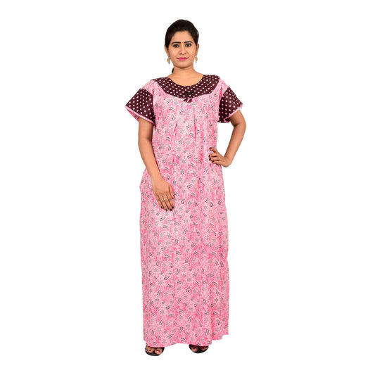 Printed Cotton Nighty For Women - Pink
