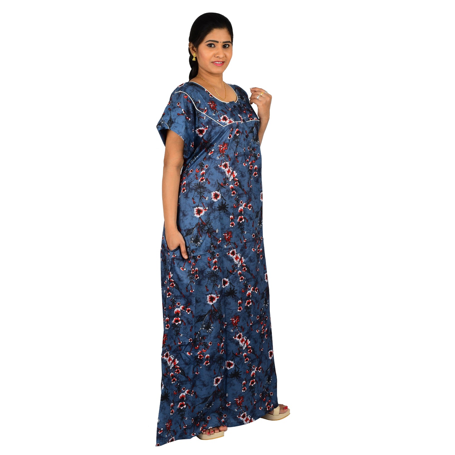 Printed Cotton Nighty For Women - Blue