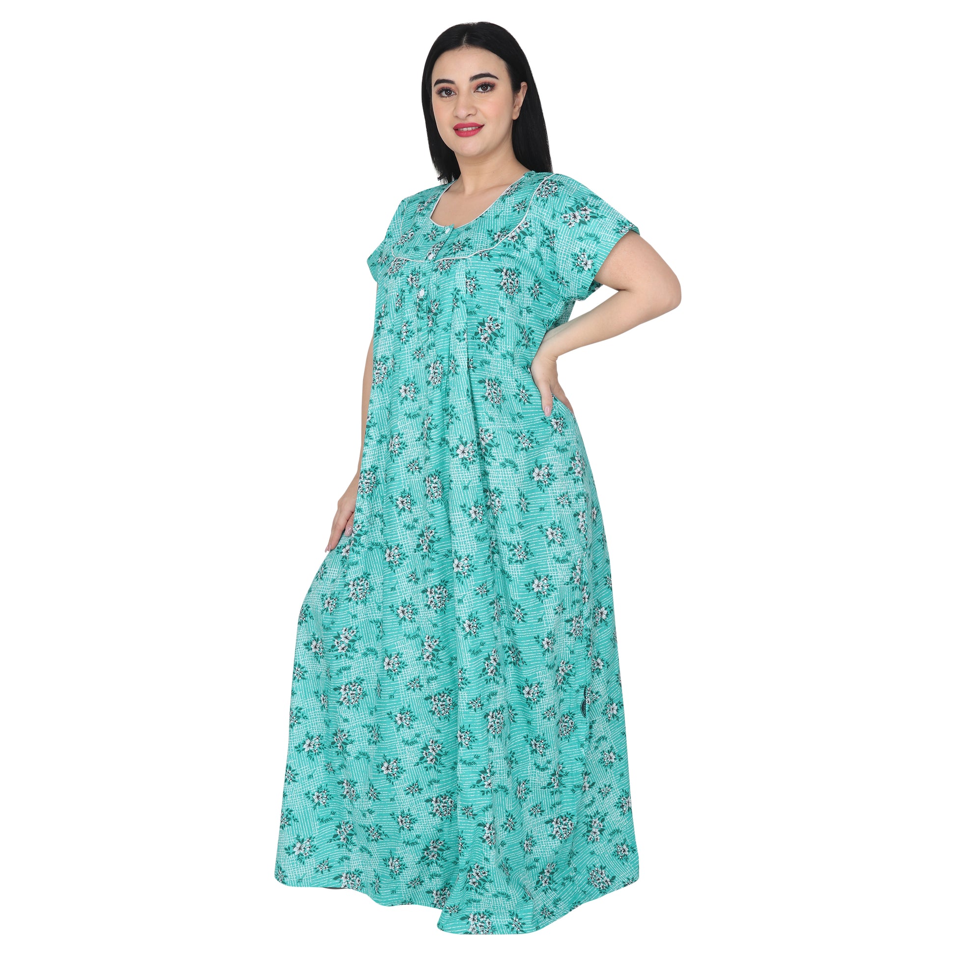 Printed Cotton Nighty For Women - Green