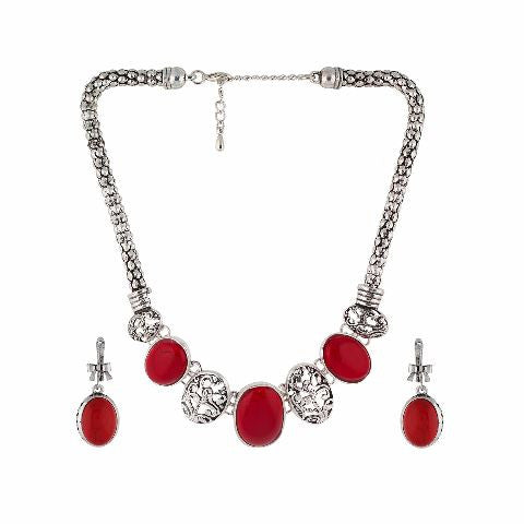 Sivler and Red colour Indo Western design Necklace Set