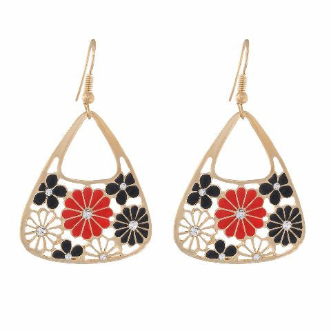 Gold colour Traingular and floral shape Enamel Earring