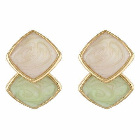 Green, cream and gold colour Rhombus shape Enamel Earring