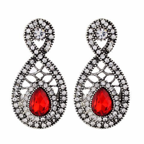 Red and Oxide Silver colour Drop shaped shape Stone Studded Earring