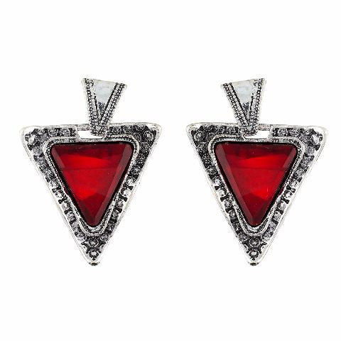 Red and Oxide Silver colour Triangle shape Stone Studded Earring