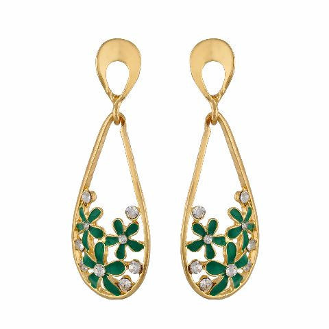 Green and Gold colour Flower and drop shape Enamel Earring