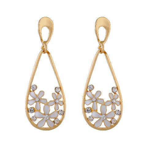 White and Gold colour Flower and drop shape Enamel Earring