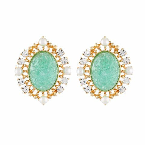 Green and Gold colour oval shape Stone Studded Earring