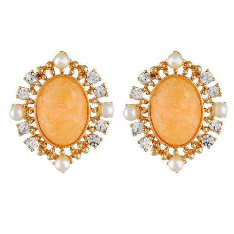 Beige and Gold colour oval shape Stone Studded Earring