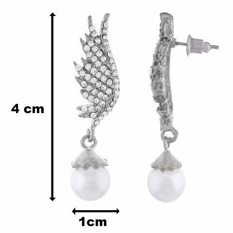 Silver colour Peacock feather shape Pearl Earring