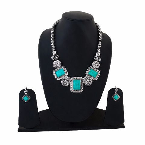 Sivler and Green colour Indo Western design Necklace Set