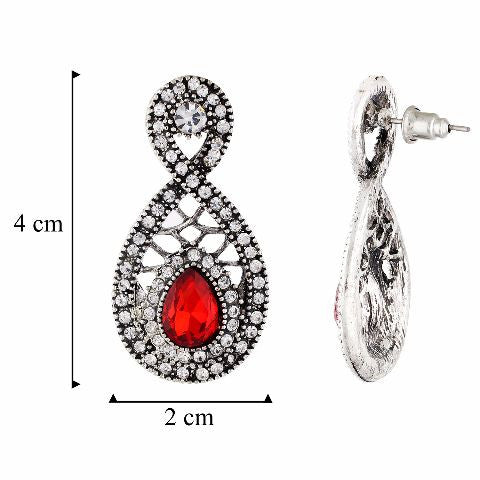 Red and Oxide Silver colour Drop shaped shape Stone Studded Earring