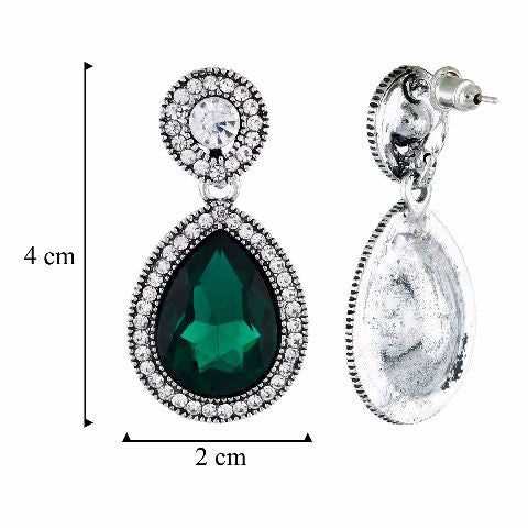 Green and Oxide Silver colour Drop shaped shape Stone Studded Earring