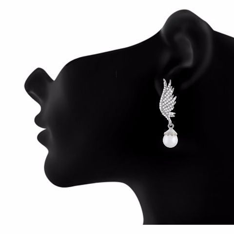 Silver colour Peacock feather shape Pearl Earring