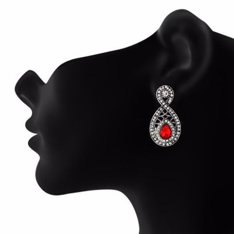 Red and Oxide Silver colour Drop shaped shape Stone Studded Earring