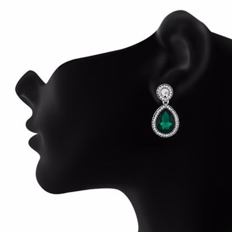 Green and Oxide Silver colour Drop shaped shape Stone Studded Earring