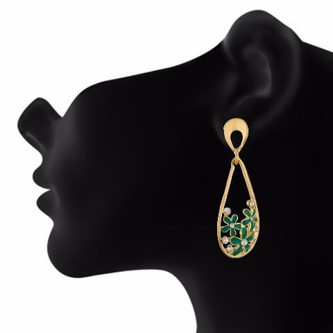 Green and Gold colour Flower and drop shape Enamel Earring