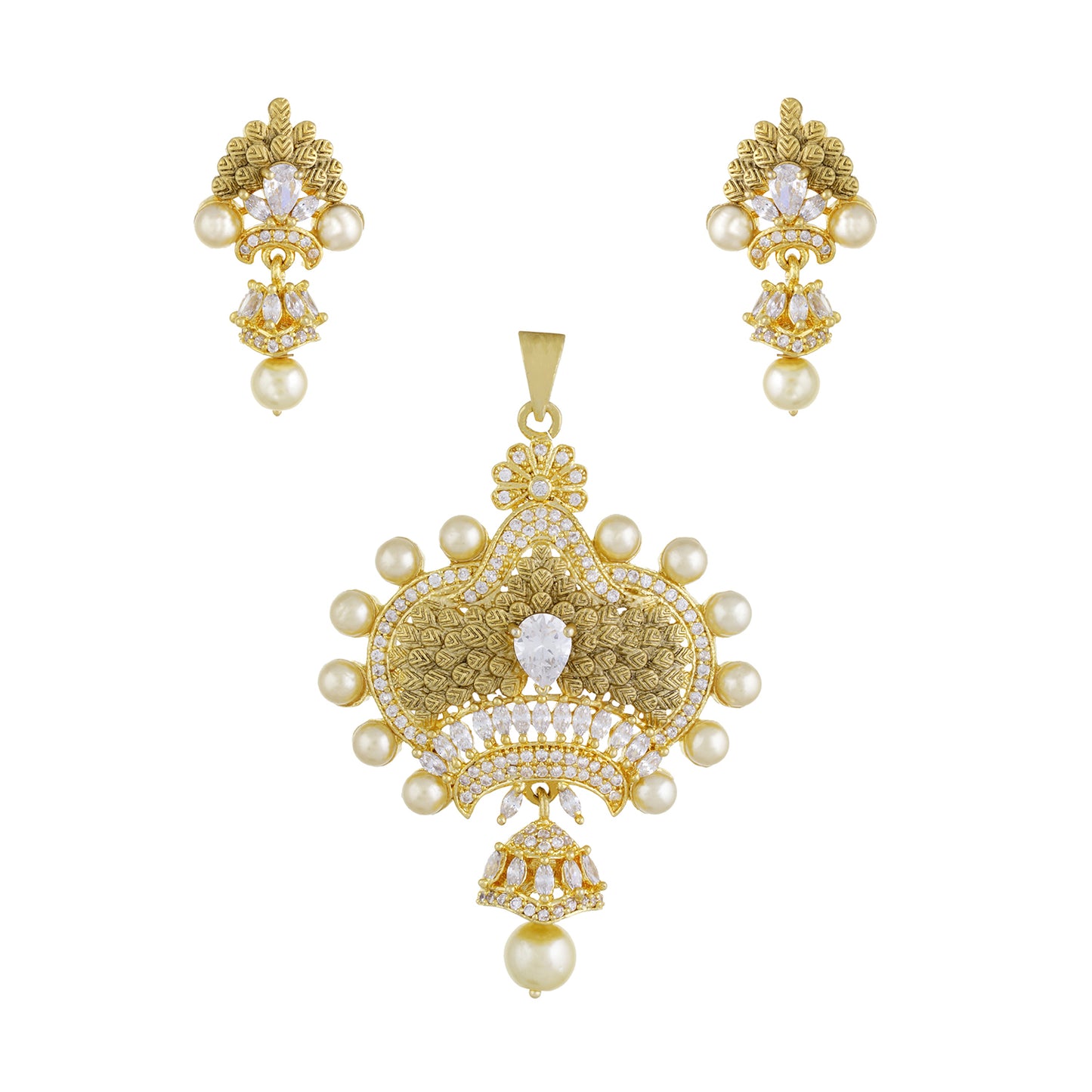 Designer Antique Gold Plated CZ Copper Pendant Set for Ladies and Girls